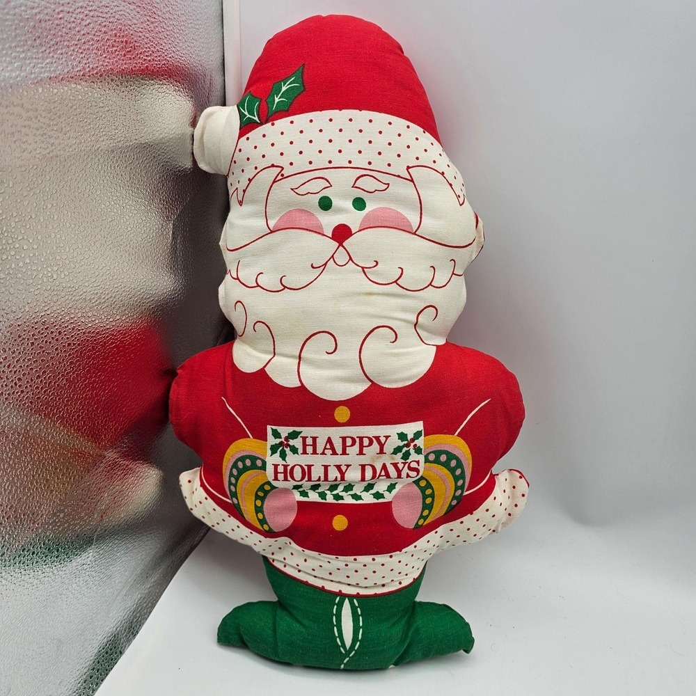 Vintage Handmade Santa Cushion Pillow Red Happy Holly Days 16" Christmas Decor